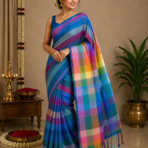 Blue colour Rainbow Handloom Cotton Saree