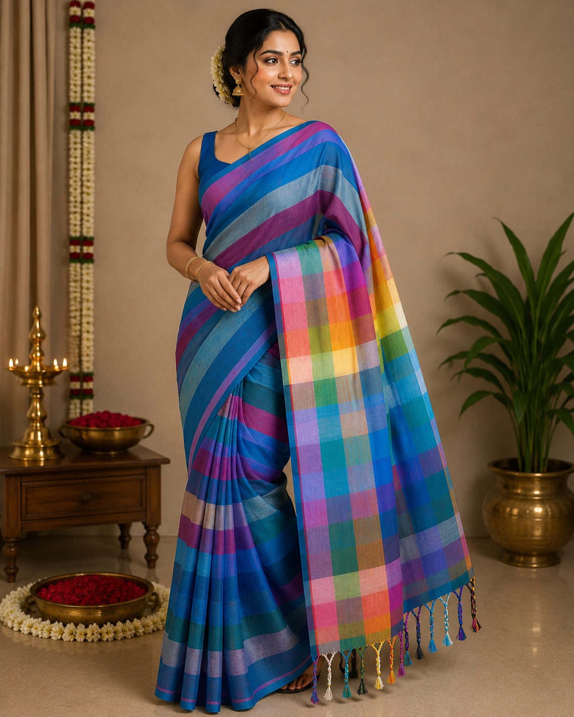 Blue colour Rainbow Handloom Cotton Saree