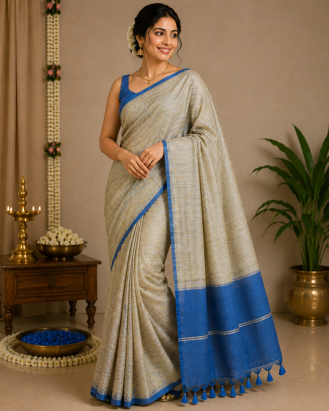 Mid blue Khadi Soft Cotton Saree